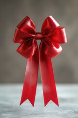 Poster - Elegant crimson ribbon bow against a soft gray backdrop creating a festive and celebratory atmosphere for gift giving and special occasions