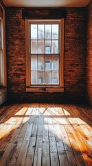 Poster - Rustic interior with sunlight streaming through window onto wooden floor in brick room creating warm glow and inviting ambiance for home design