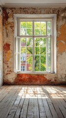 Poster - Open Window in an Old Room with Brick Wall and Wooden Floor Letting in Sunlight and View of Green Trees and Building