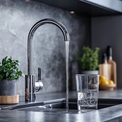 Poster - Refreshing water flows from a sleek chrome faucet filling a clear glass in a modern kitchen setting providing hydration