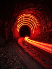Poster - Eerie Red Light Trails Illuminate Dark Tunnel Interior Creating a Mysterious and Captivating Atmosphere with Long Exposure Photography