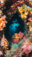 Poster - Underwater coral reef scene viewed through a hole in rock, showcasing vibrant orange, pink, and yellow coral formations against deep blue background, representing ocean biodiversity and natural beauty