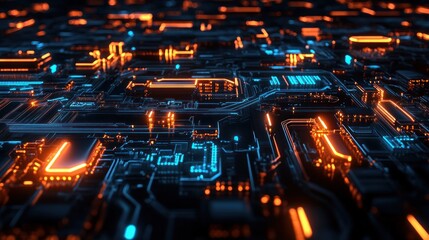 Poster - Abstract Circuit Board, Neon Glow in the Digital Realm