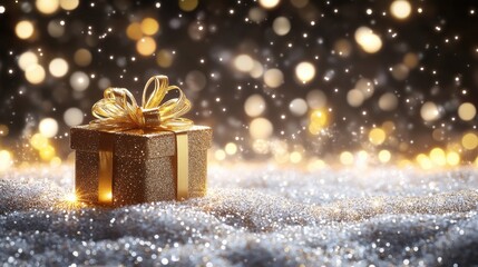 Poster - Elegant golden gift box with shimmering bow on sparkling surface against a bokeh background festive celebration