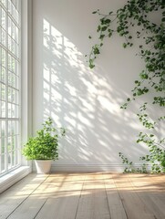 Poster - Serene Interior with Sunlight Streaming Through Window onto Wooden Floor and Green Plants Against White Wall