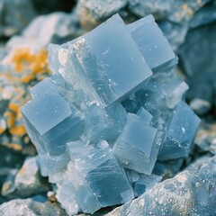 Poster - Captivating Celestite Cluster Close Up Mineral Specimen Displaying Cubic Crystal Structure and Delicate Blue Hue on Natural Rock Surface