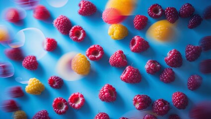 Poster - Colorful arrangement of raspberries and yellow berries on a bright blue background showcasing vibrant freshness