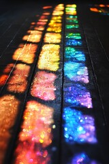 Poster - Vibrant spectrum of rainbow light casting colorful hues on dark wooden floor creating a magical and artistic atmosphere with a low angle perspective