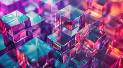 Poster - A stunning collection of vibrant transparent cubes reflecting light, set against an abstract background. Perfect for tech and design themes.