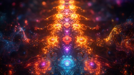 Poster - Vibrant cosmic fractal art with swirling galaxies and nebula in shades of orange blue and purple