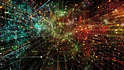 Poster - An abstract representation of dynamic data visualization showcasing the use of artificial intelligence technology. This vibrant composition features colorful lines and dots, symbolizing the flow of