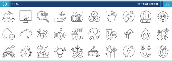 Poster - a set of line icons related to esg. environment, social and governance. vector editable stroke.