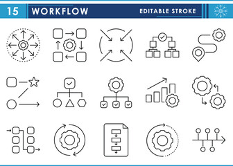 Leinwandbilder - A set of line icons related to Workflow. Work, business, flow, chart, work, diversity, process, diagram, and so on. Vector editable stroke.