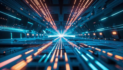 Aufkleber - Digital tunnel perspective showcasing vibrant blue and orange lines with a futuristic design in a technological setting