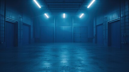 Poster - High-tech automated warehouse with neon blue lighting, integrating intelligent storage systems and efficient supply chain technology for futuristic urban logistics and zero-emission trade.