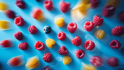 Poster - Colorful assortment of fresh berries arranged artistically on a light blue background during a bright afternoon