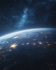 Poster - Breathtaking orbital view of Earth at night revealing city lights and the Milky Way galaxy above in space