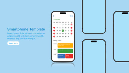 Poster - High-Quality 3D Realistic Smartphone Mockup Banner: Front View of Cell Phone with Smart Mobile Calendar App on Screen - Vector Design