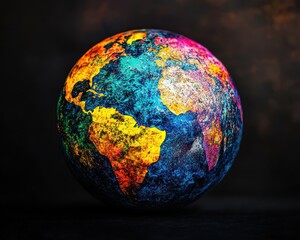 a vibrant, multi-colored globe showcasing continents in bright hues of blue, green, and yellow, set 