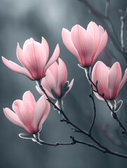 Poster - Delicate pink magnolia blossoms on bare branches against a soft grey background in early spring bloom creating a serene and elegant floral scene