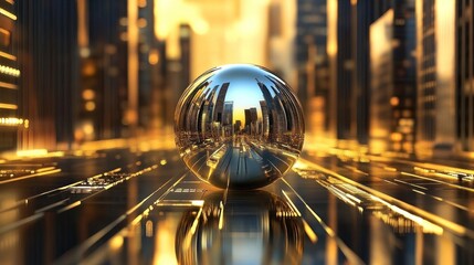 Poster - Urban Reflection, chrome sphere mirroring a futuristic cityscape at sunset, gleaming on a technologically advanced surface.