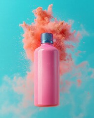 Poster - Pink Bottle with Powder Explosion on Turquoise Background Capturing Beauty Product Promotion Style