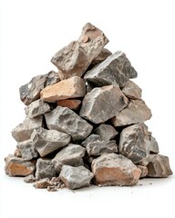 Poster - Stack of Rough Granite Stones on White Background, Geological Formation, Rock Pile, Construction Material, Isolated, Natural Texture, Mineral Composition, Outdoor