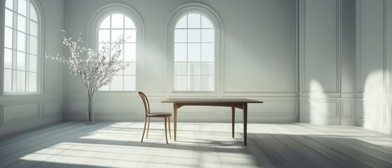 Poster - Serene interior scene featuring a wooden table and chair bathed in soft light from arched windows elegant and minimalist