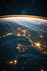 Poster - Stunning Earth View from Space at Night Revealing City Lights and Atmospheric Glow Capturing Cosmic Beauty and Vastness