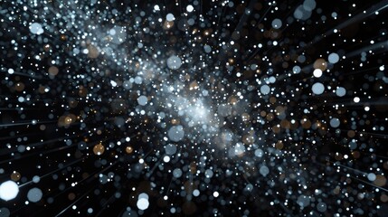 Poster - A mesmerizing view of floating particles against a black background, creating a stunning visual effect reminiscent of cosmic beauty and magic. Perfect for abstract design projects.