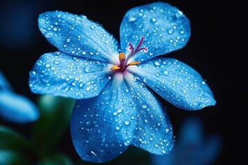 Poster - Enchanting blue flower blossom with water droplets on petals in a dark garden setting macro photography