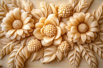 Poster - Elegant floral arrangement featuring delicate flowers and intricate leaf details in a soft cream color palette creating a serene and sophisticated aesthetic