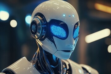 Poster - This striking image features a futuristic humanoid robot with blue glowing eyes, set against a modern technology backdrop, highlighting innovation and design.