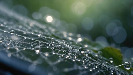 Close-up of a leaf covered in dew drops, showcasing intricate web patterns.