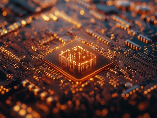 Poster - Glowing Microchip on Circuit Board High Tech Innovation Semiconductor Technology Futuristic Design