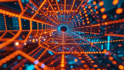 Aufkleber - Digital tunnel of glowing connections viewed from a central point in a futuristic environment