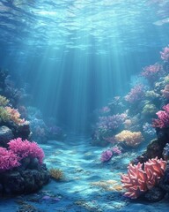 Poster - Vibrant underwater scene featuring colorful coral reefs and sun rays illuminating the ocean floor creating a serene and captivating aquatic environment