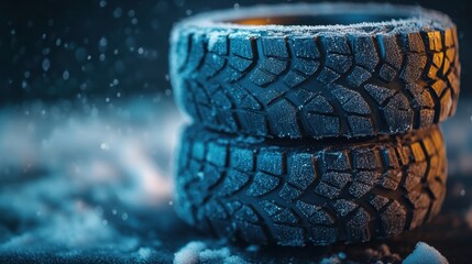 Poster - Stacked winter tires covered in frost against a dark background with snow and bokeh lights creating a cold atmosphere