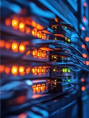 Aufkleber - Network server room with glowing lights and connected cables showcasing data center infrastructure and information technology systems
