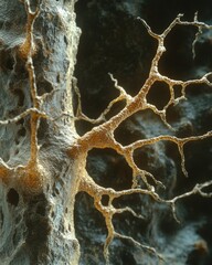 Poster - Abstract Detailed Close Up of Golden Veins on a Textured Surface with a Dark Background Artistic Impression