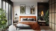© Suyono - Modern bedroom with orange headboard, plants, and framed art.