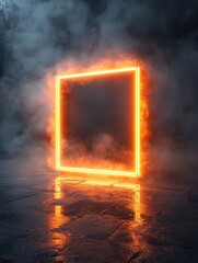 Aufkleber - Ethereal orange neon square portal amidst smoky ambiance on wet tiled floor creating a futuristic scene