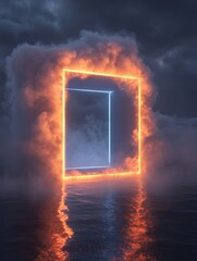 Poster - Ethereal square portal with glowing neon light in a surreal seascape with dark clouds and water reflection creating a mystical atmosphere