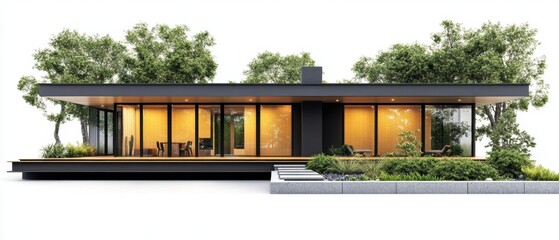 Poster - Modern architectural design of a minimalist house with glass walls surrounded by lush green trees and garden under bright sunlight