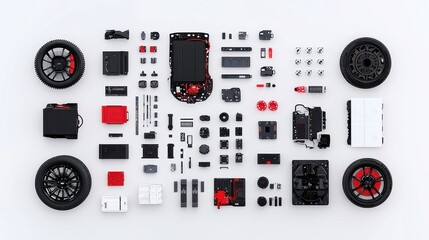 Poster - Disassembled Electric Vehicle Components Displayed in Symmetrical Arrangement, Showcasing Battery Modules, Wheels, Circuit Boards on Soft Neutral Background, Highlighting Innovation and Precision