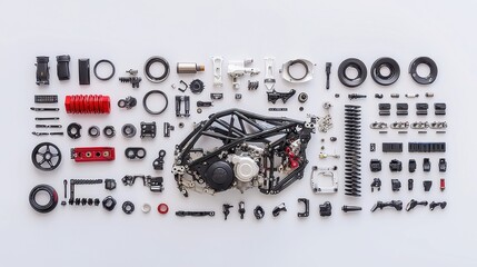 Poster - Disassembled Motorcycle Assembly Parts Display, a meticulously organized layout featuring engine components, wheels, and frame on a pristine white surface, showcasing intricate details and clarity.