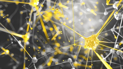Poster - This abstract image showcases a network design featuring yellow nodes and connecting lines, representing concepts of artificial intelligence and technology.