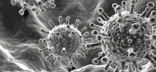 Poster - Virus particles under microscope, detailed structure, spiky surface, black and white, scientific illustration