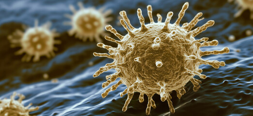 Poster - Virus close-up, detailed structure, spikes, surface texture, microscopic view