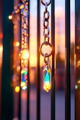 Poster - Iridescent Crystal Prisms Suspended from Chains in a Warm Sunset Glow